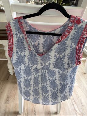 THML White V-Neck Blouse with Blue Paisley Motif and Red Embroidered Trim